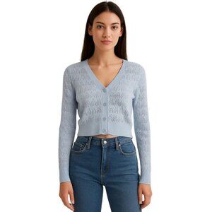 NWOT DKNY Jeans Baby Blue Pointelle Knit Cropped Cardigan Size Small